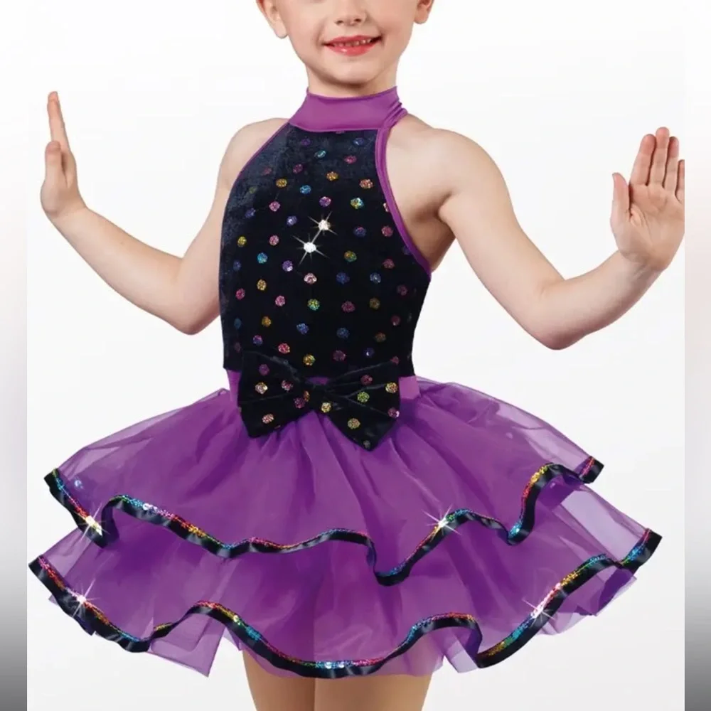 Weissman Rainbow Polka Dot Velvet Dance Dress Costume NEW Size XL Child Purple